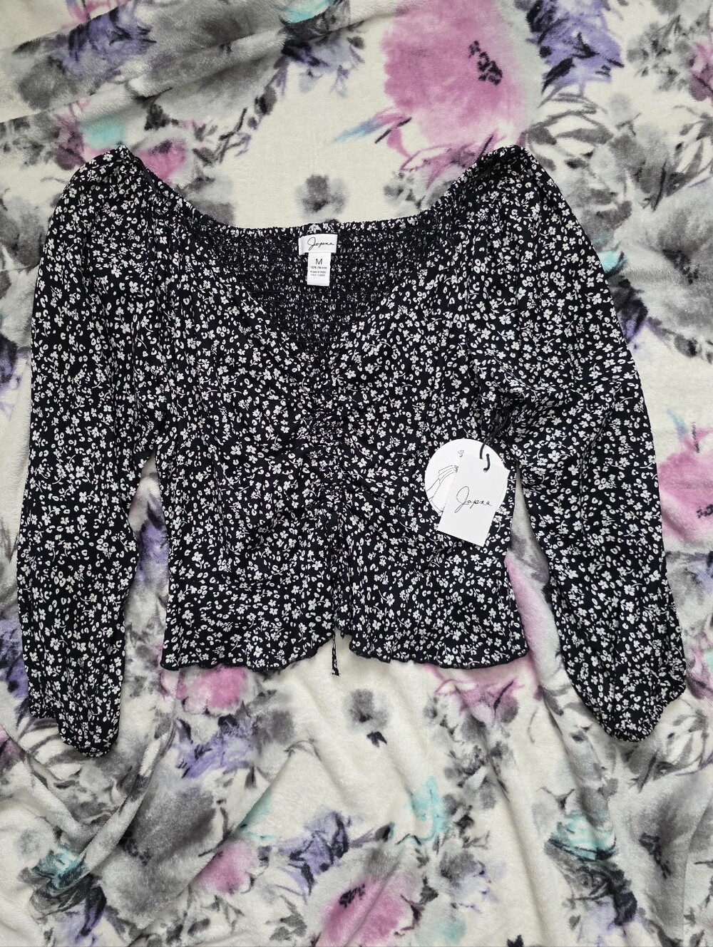 NWT Japna Black and White Smocked Floral Blouse